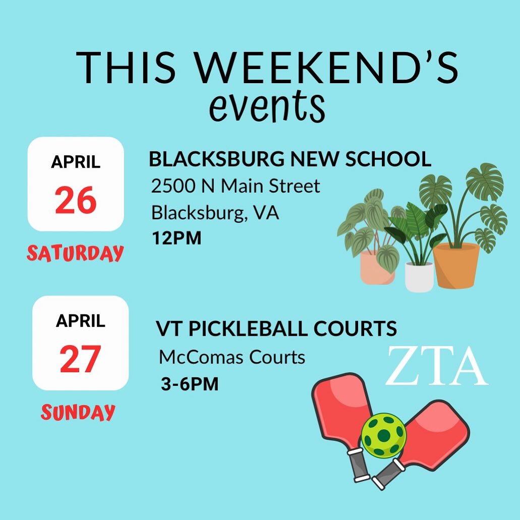 We have a jam packed weekend coming up and are so excited to be at Blacksburg New School at 12pm on Saturday and the Virginia Tech pickleball courts to support ZTA from 3-6pm! Come see us this weekend ☀️🕶️🍧